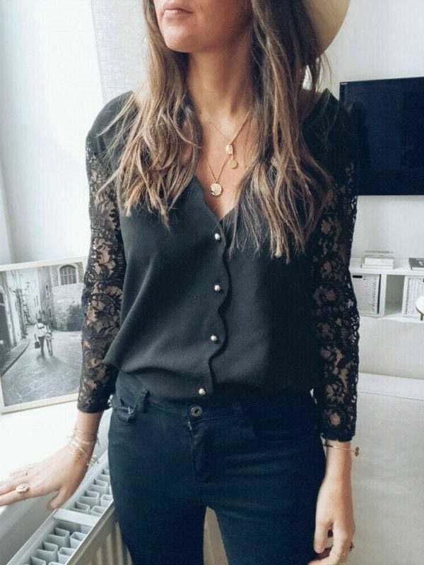 The Best Black lace Blouse Women Elegant Long Sleeve Sexy V Neck Shirts Tops Online - Takalr