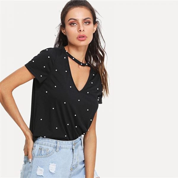 The Best Black Pearl Beading Choker Neck Short Sleeve T-shirt Summer Women Online - Takalr