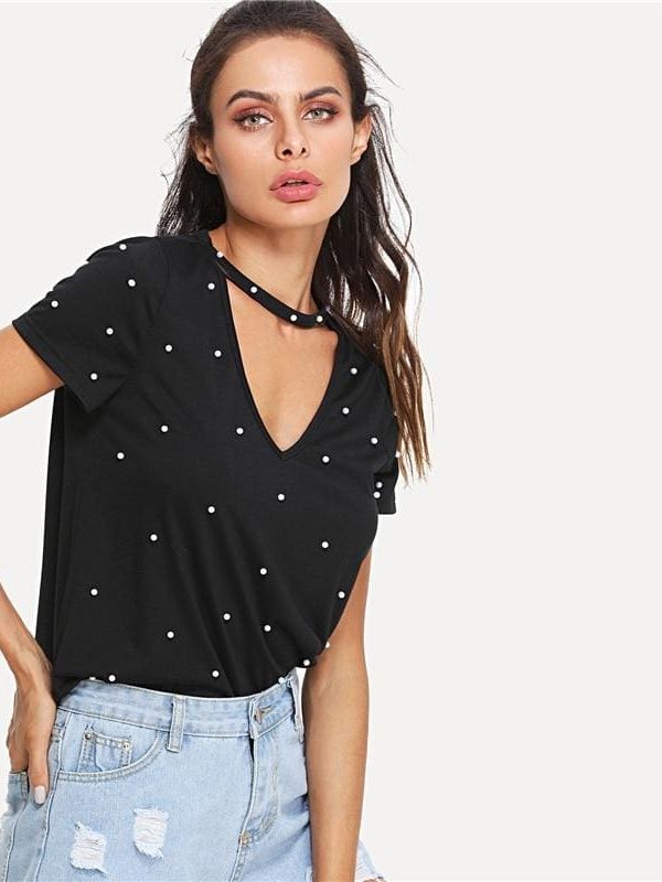 The Best Black Pearl Beading Choker Neck Short Sleeve T-shirt Summer Women Online - Takalr