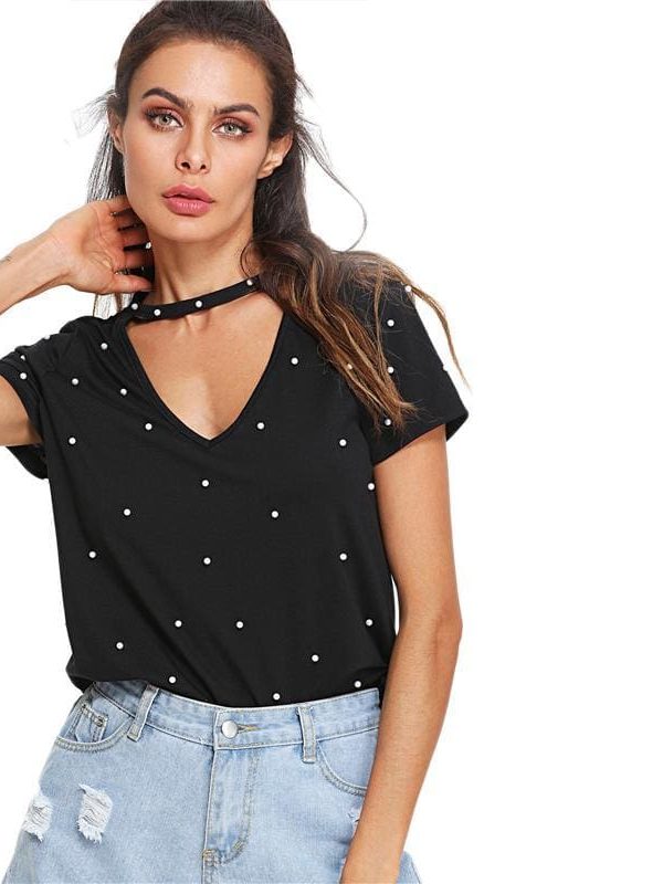 The Best Black Pearl Beading Choker Neck Short Sleeve T-shirt Summer Women Online - Takalr