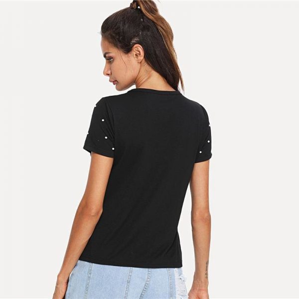 The Best Black Pearl Beading Choker Neck Short Sleeve T-shirt Summer Women Online - Takalr