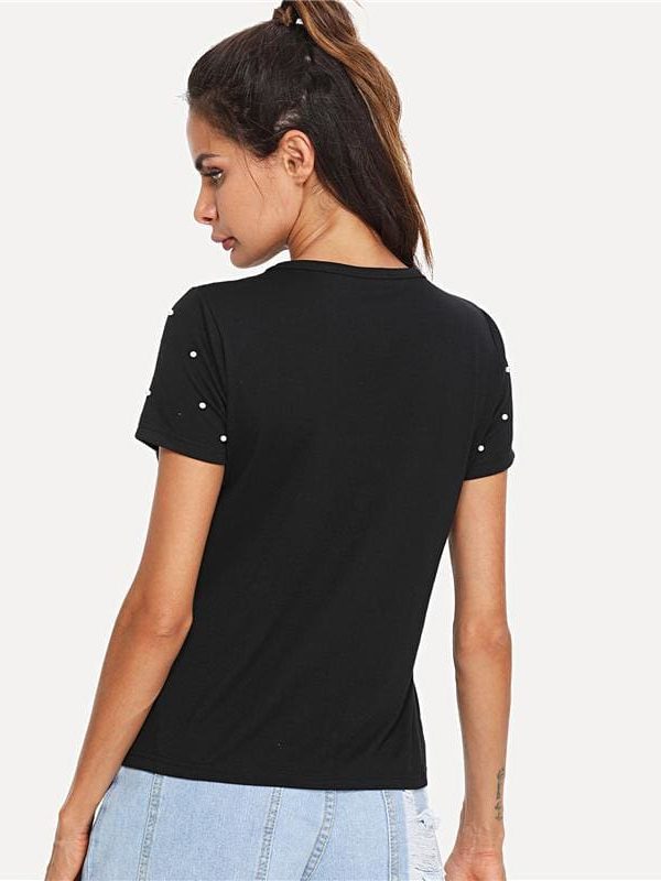 The Best Black Pearl Beading Choker Neck Short Sleeve T-shirt Summer Women Online - Takalr