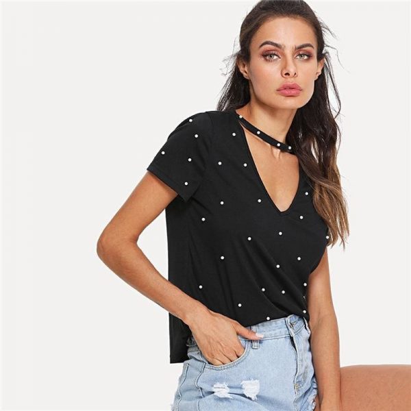 The Best Black Pearl Beading Choker Neck Short Sleeve T-shirt Summer Women Online - Takalr