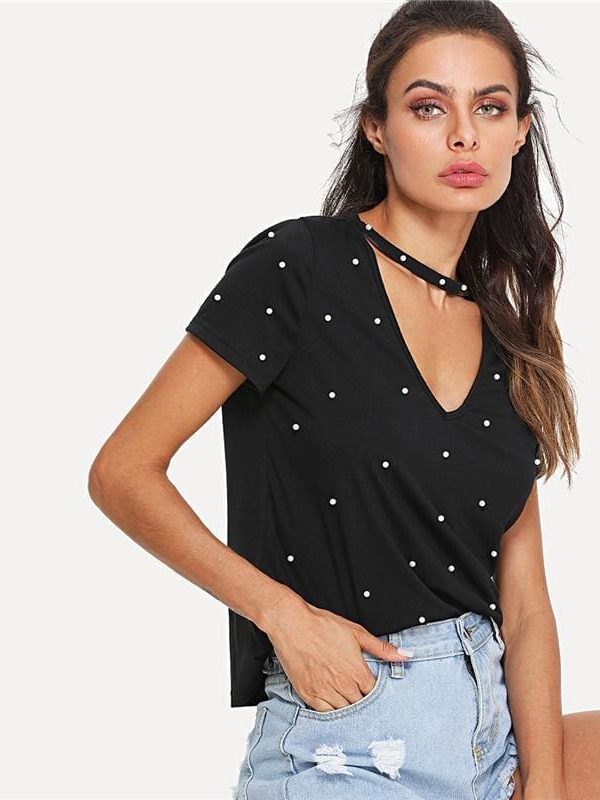 The Best Black Pearl Beading Choker Neck Short Sleeve T-shirt Summer Women Online - Takalr