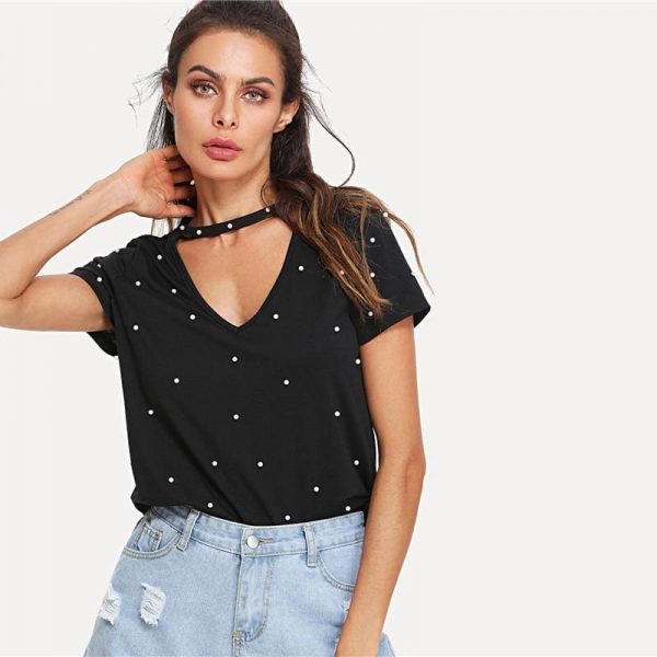 The Best Black Pearl Beading Choker Neck Short Sleeve T-shirt Summer Women Online - Takalr