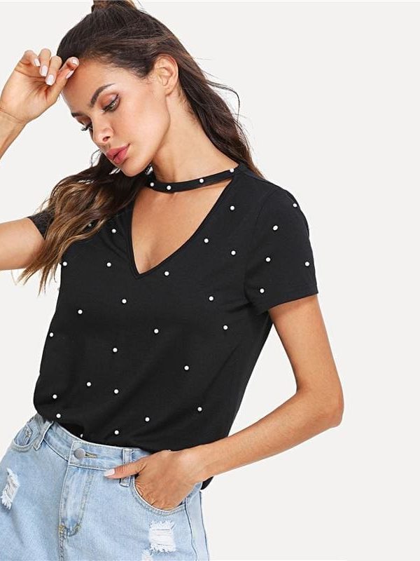 The Best Black Pearl Beading Choker Neck Short Sleeve T-shirt Summer Women Online - Takalr