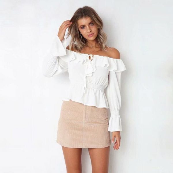 The Best Blouse Women Off Shoulder chiffon blouse Slim Slash Neck Ruffle Shirt Online - Takalr