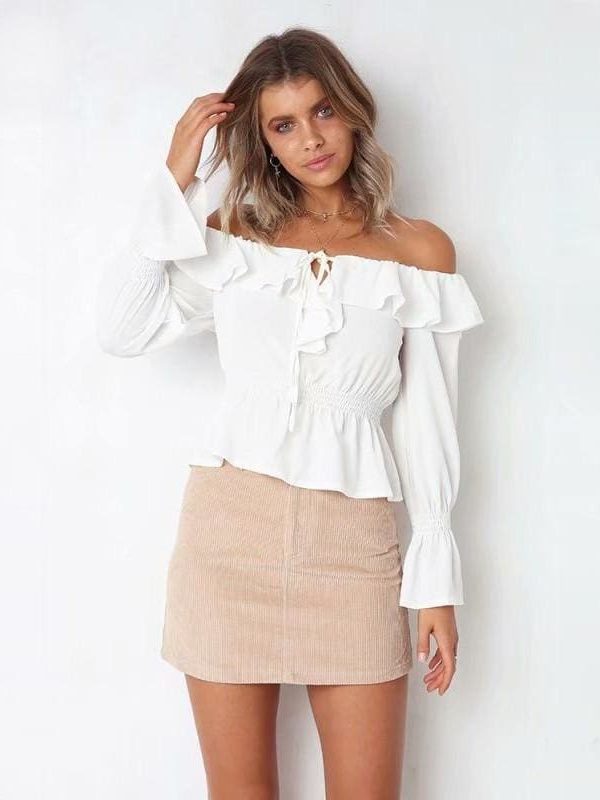 The Best Blouse Women Off Shoulder chiffon blouse Slim Slash Neck Ruffle Shirt Online - Takalr