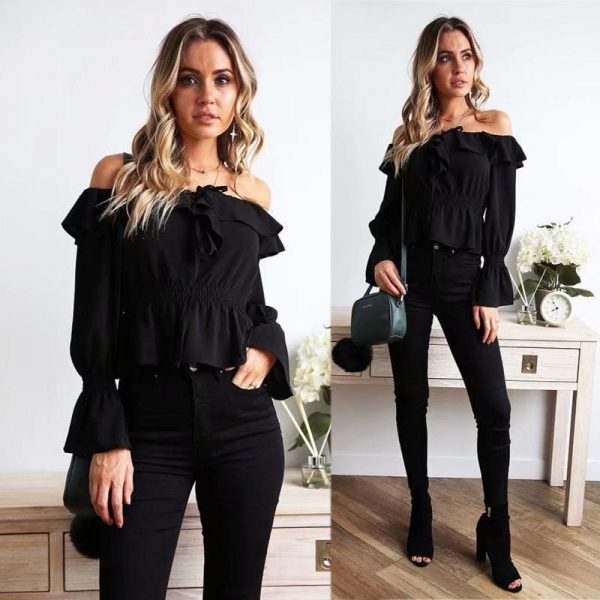 The Best Blouse Women Off Shoulder chiffon blouse Slim Slash Neck Ruffle Shirt Online - Takalr