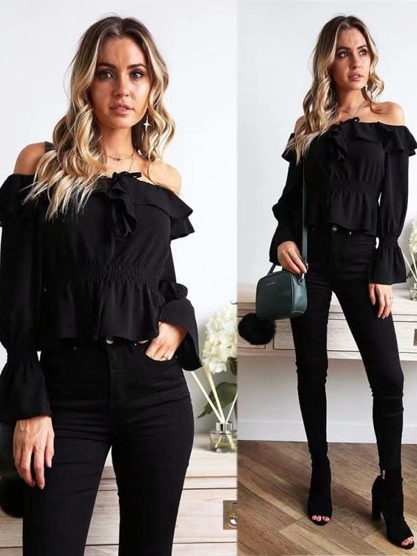 The Best Blouse Women Off Shoulder chiffon blouse Slim Slash Neck Ruffle Shirt Online - Takalr