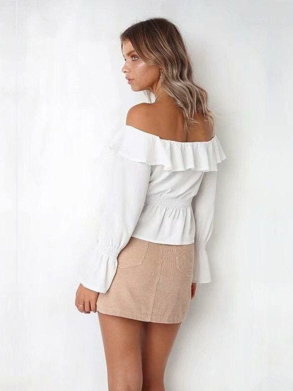 The Best Blouse Women Off Shoulder chiffon blouse Slim Slash Neck Ruffle Shirt Online - Takalr