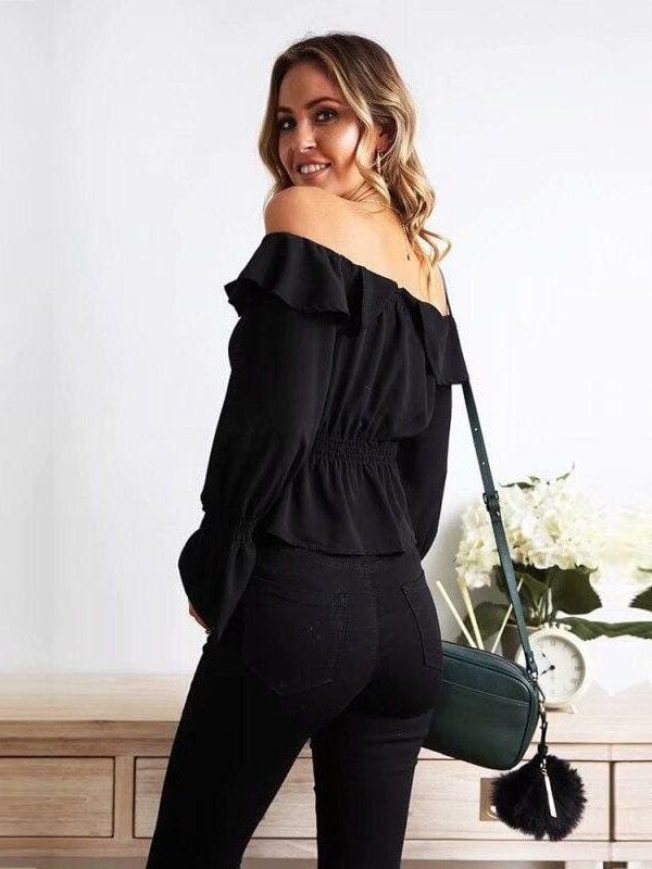 The Best Blouse Women Off Shoulder chiffon blouse Slim Slash Neck Ruffle Shirt Online - Takalr