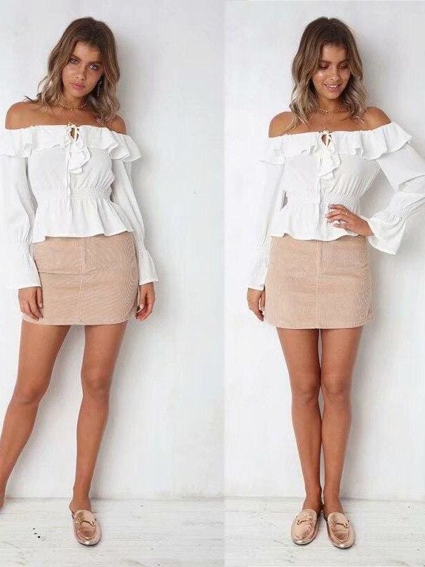 The Best Blouse Women Off Shoulder chiffon blouse Slim Slash Neck Ruffle Shirt Online - Takalr