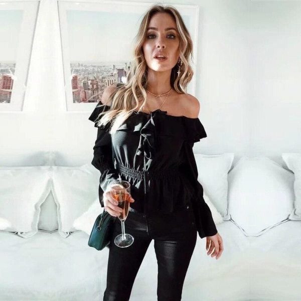 The Best Blouse Women Off Shoulder chiffon blouse Slim Slash Neck Ruffle Shirt Online - Takalr