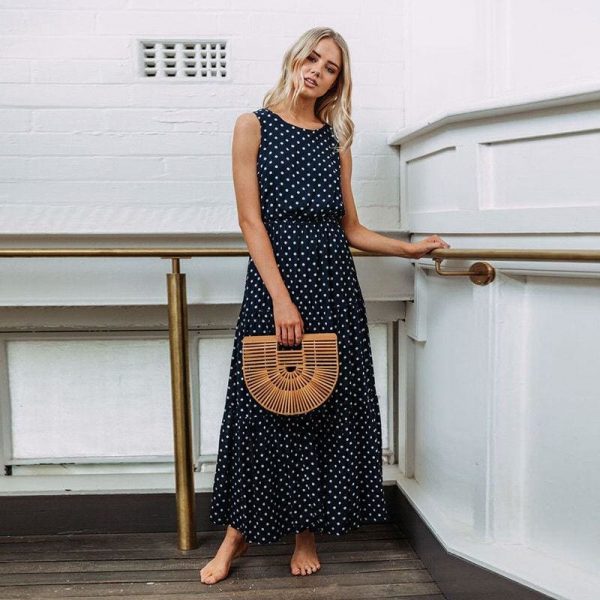 The Best Bobo Women Polka Dot Print Long Maxi Dress Ladies High Waist Sleeveless Loose Holiday Party Summer Beach Sundress Online - Takalr