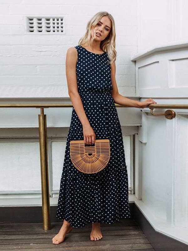 The Best Bobo Women Polka Dot Print Long Maxi Dress Ladies High Waist Sleeveless Loose Holiday Party Summer Beach Sundress Online - Takalr