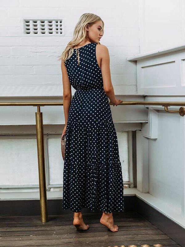 The Best Bobo Women Polka Dot Print Long Maxi Dress Ladies High Waist Sleeveless Loose Holiday Party Summer Beach Sundress Online - Takalr