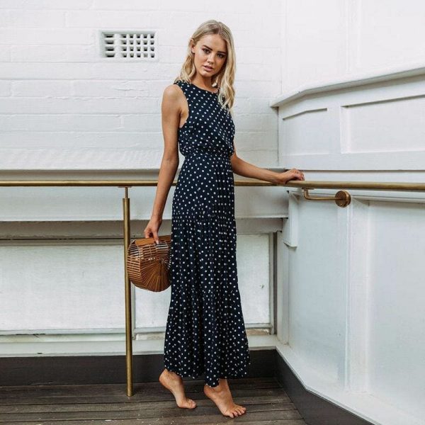 The Best Bobo Women Polka Dot Print Long Maxi Dress Ladies High Waist Sleeveless Loose Holiday Party Summer Beach Sundress Online - Takalr