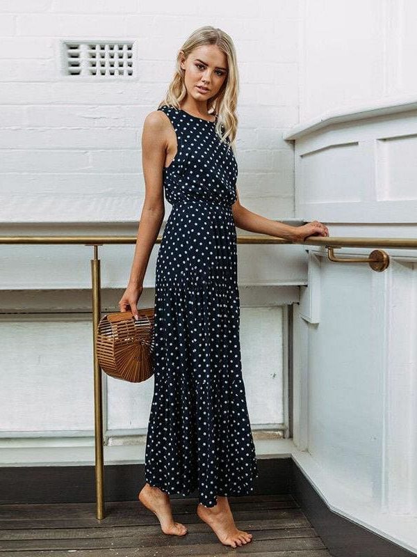 The Best Bobo Women Polka Dot Print Long Maxi Dress Ladies High Waist Sleeveless Loose Holiday Party Summer Beach Sundress Online - Takalr