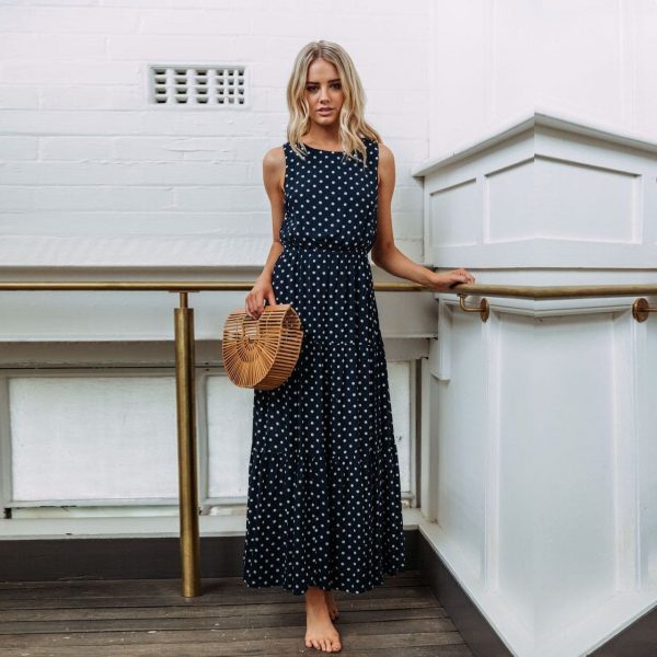 The Best Bobo Women Polka Dot Print Long Maxi Dress Ladies High Waist Sleeveless Loose Holiday Party Summer Beach Sundress Online - Takalr