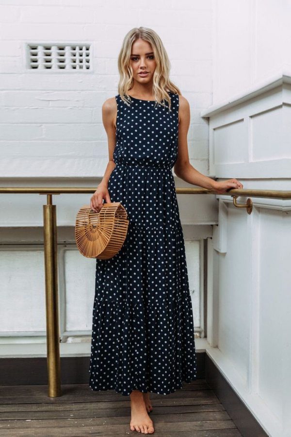 The Best Bobo Women Polka Dot Print Long Maxi Dress Ladies High Waist Sleeveless Loose Holiday Party Summer Beach Sundress Online - Takalr