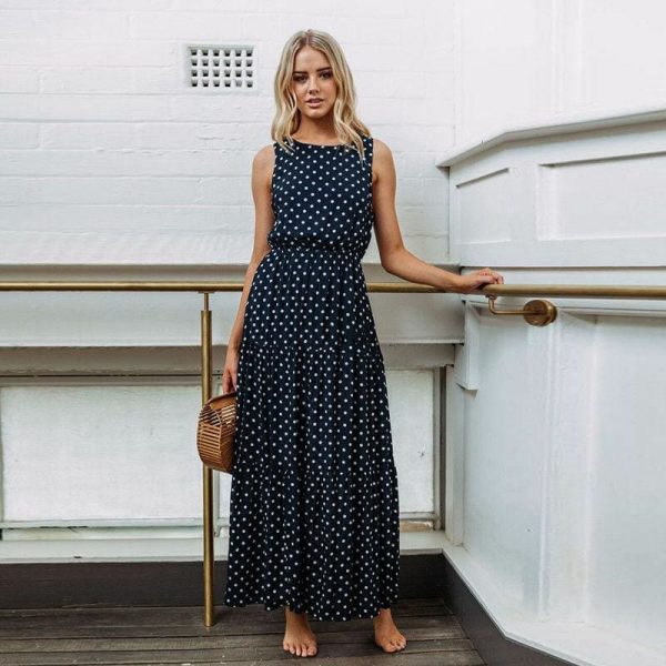 The Best Bobo Women Polka Dot Print Long Maxi Dress Ladies High Waist Sleeveless Loose Holiday Party Summer Beach Sundress Online - Takalr