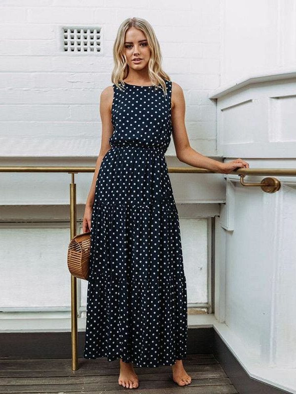 The Best Bobo Women Polka Dot Print Long Maxi Dress Ladies High Waist Sleeveless Loose Holiday Party Summer Beach Sundress Online - Takalr