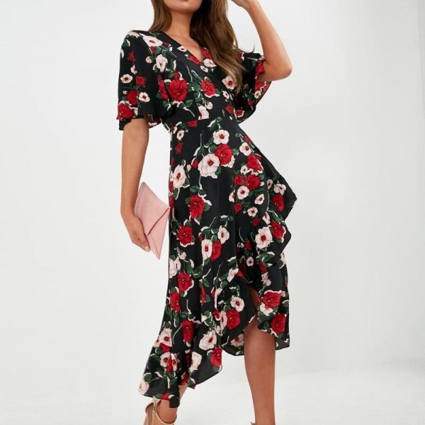 The Best Bohemian Print Dress Women Summer Short Sleeve  V Neck Long Dress Online - Source Silk