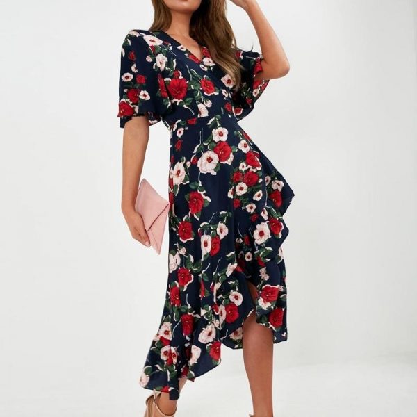 The Best Bohemian Print Dress Women Summer Short Sleeve  V Neck Long Dress Online - Source Silk