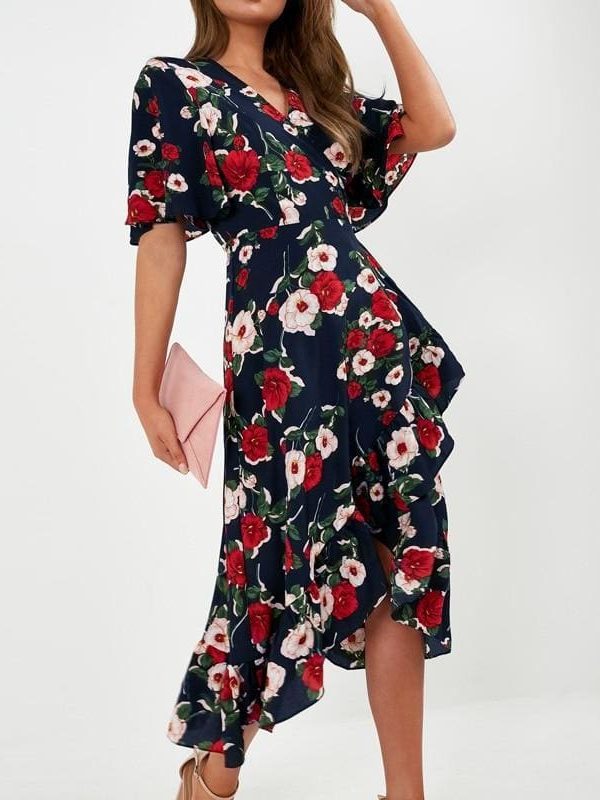 The Best Bohemian Print Dress Women Summer Short Sleeve  V Neck Long Dress Online - Source Silk