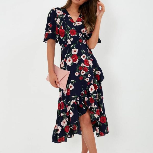 The Best Bohemian Print Dress Women Summer Short Sleeve  V Neck Long Dress Online - Source Silk