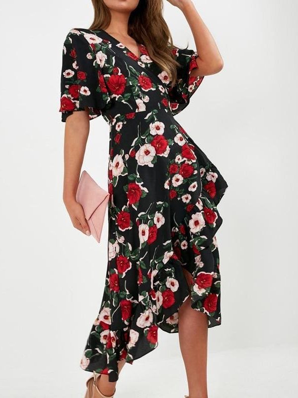 The Best Bohemian Print Dress Women Summer Short Sleeve  V Neck Long Dress Online - Source Silk