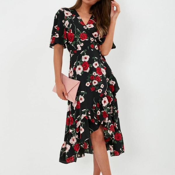 The Best Bohemian Print Dress Women Summer Short Sleeve  V Neck Long Dress Online - Source Silk