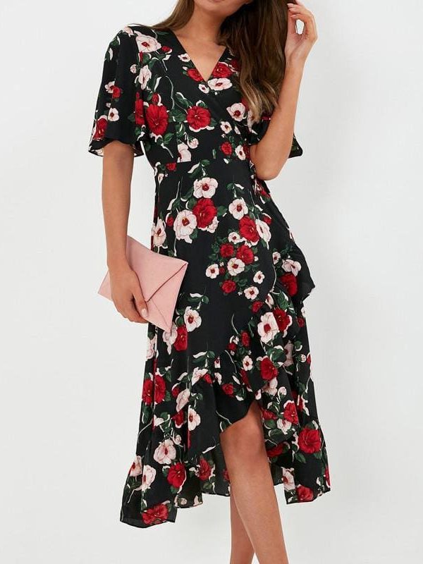 The Best Bohemian Print Dress Women Summer Short Sleeve  V Neck Long Dress Online - Source Silk