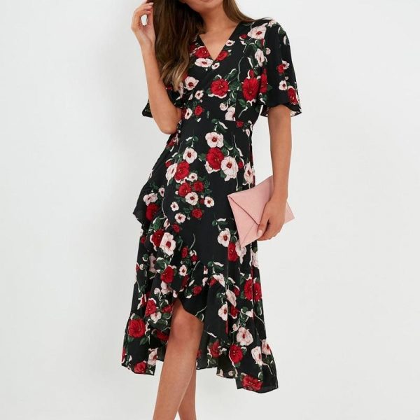 The Best Bohemian Print Dress Women Summer Short Sleeve  V Neck Long Dress Online - Source Silk