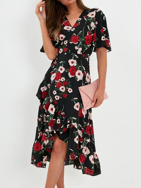 The Best Bohemian Print Dress Women Summer Short Sleeve  V Neck Long Dress Online - Source Silk