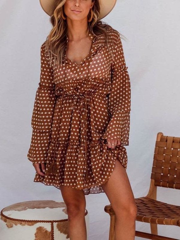 The Best Boho Beach Holiday Vacation Sundress Women Long Sleeve Polka Dot V Neck High waist Tunic Ladies Dresses Streetwear Online - Takalr