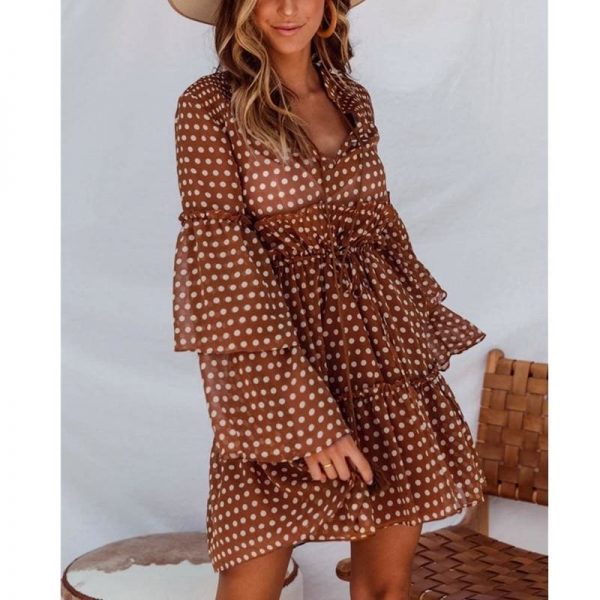 The Best Boho Beach Holiday Vacation Sundress Women Long Sleeve Polka Dot V Neck High waist Tunic Ladies Dresses Streetwear Online - Takalr