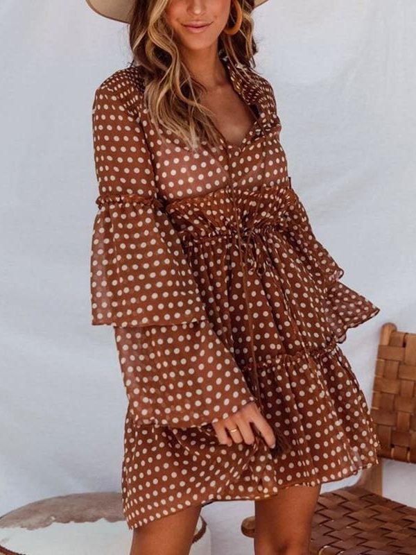 The Best Boho Beach Holiday Vacation Sundress Women Long Sleeve Polka Dot V Neck High waist Tunic Ladies Dresses Streetwear Online - Takalr