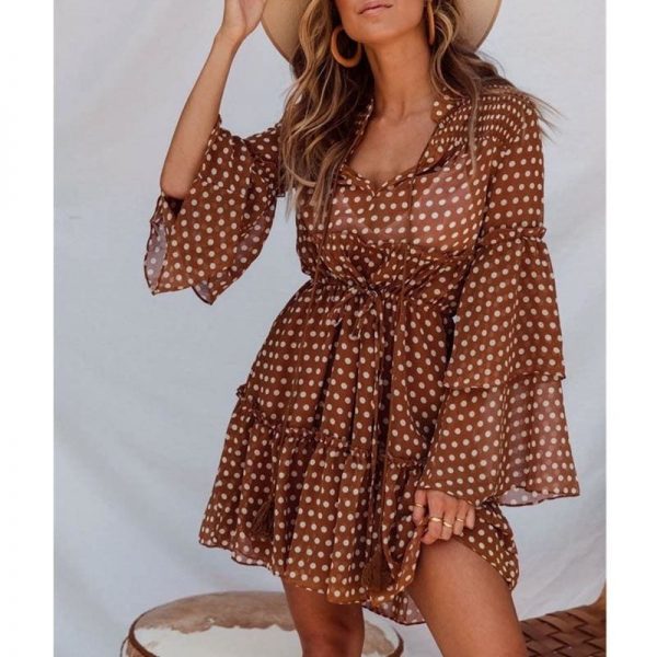 The Best Boho Beach Holiday Vacation Sundress Women Long Sleeve Polka Dot V Neck High waist Tunic Ladies Dresses Streetwear Online - Takalr