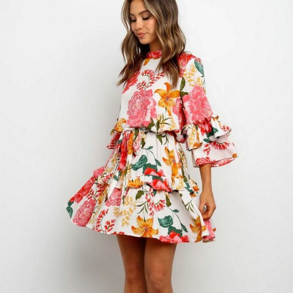 The Best Boho Beach Summer Flower Sundress Women Long Sleeve Ruffles Floral Mini Dress Elegant Ladies Evening Party Club Dames Dresses Online - Takalr