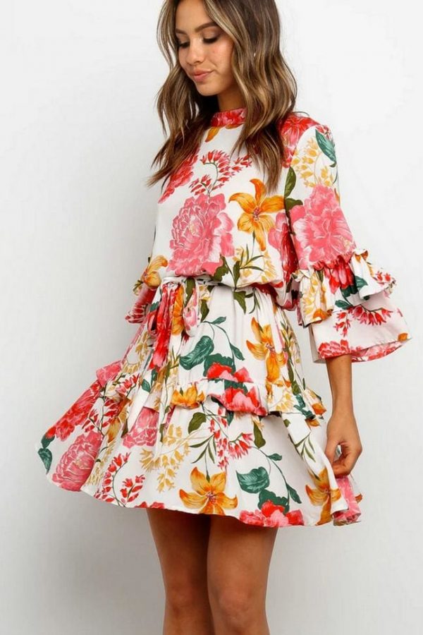 The Best Boho Beach Summer Flower Sundress Women Long Sleeve Ruffles Floral Mini Dress Elegant Ladies Evening Party Club Dames Dresses Online - Takalr