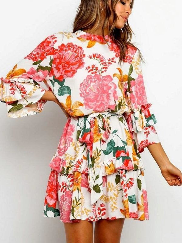 The Best Boho Beach Summer Flower Sundress Women Long Sleeve Ruffles Floral Mini Dress Elegant Ladies Evening Party Club Dames Dresses Online - Takalr