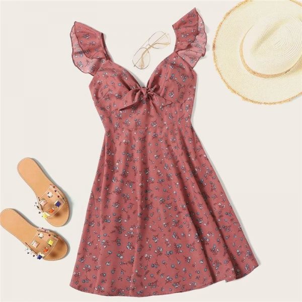 The Best Boho Ditsy Floral Knot Neck Ruffle Trim Summer Dress Online - Source Silk