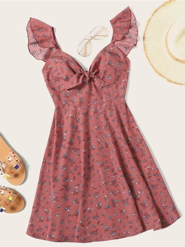 The Best Boho Ditsy Floral Knot Neck Ruffle Trim Summer Dress Online - Source Silk