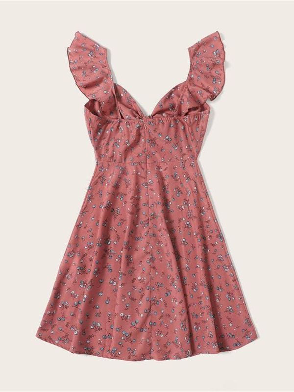 The Best Boho Ditsy Floral Knot Neck Ruffle Trim Summer Dress Online - Source Silk