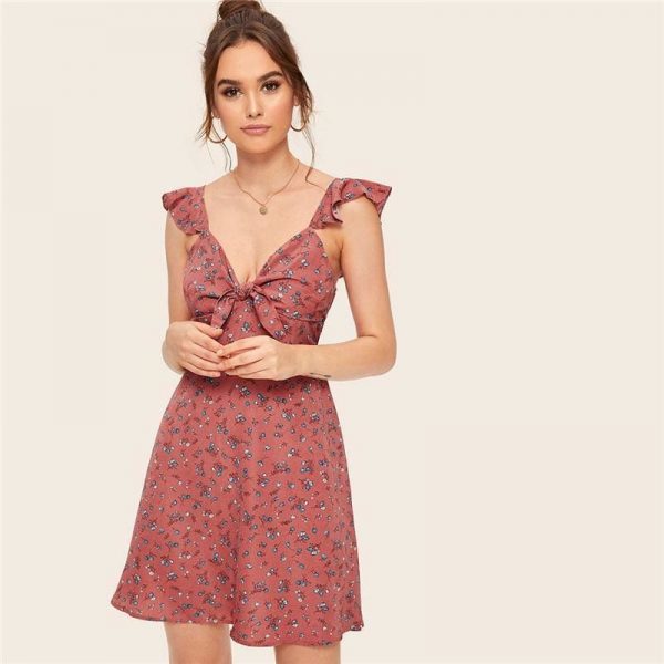 The Best Boho Ditsy Floral Knot Neck Ruffle Trim Summer Dress Online - Source Silk