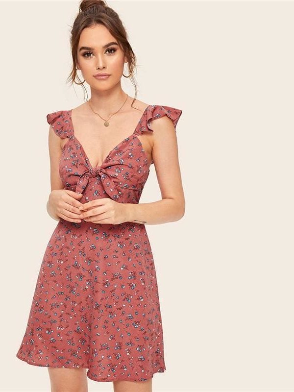 The Best Boho Ditsy Floral Knot Neck Ruffle Trim Summer Dress Online - Source Silk