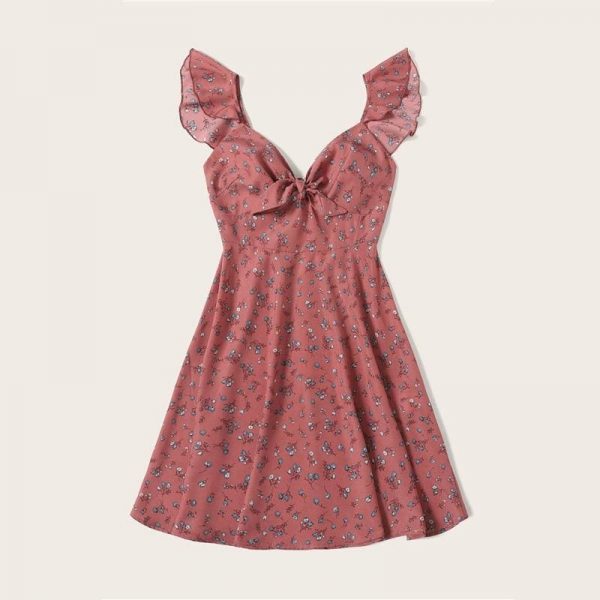 The Best Boho Ditsy Floral Knot Neck Ruffle Trim Summer Dress Online - Source Silk