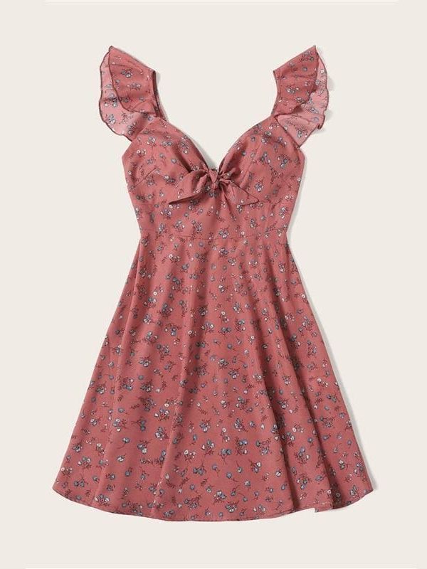 The Best Boho Ditsy Floral Knot Neck Ruffle Trim Summer Dress Online - Source Silk